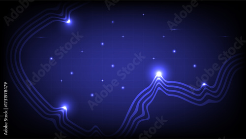 Futuristic abstract background featuring glowing wavy lines, star lights and deep blue gradient, ideal for technology or space themes