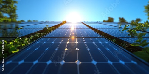 Solar panels with growing plants, bathed in sunlight against a clear blue sky, representing renewable energy