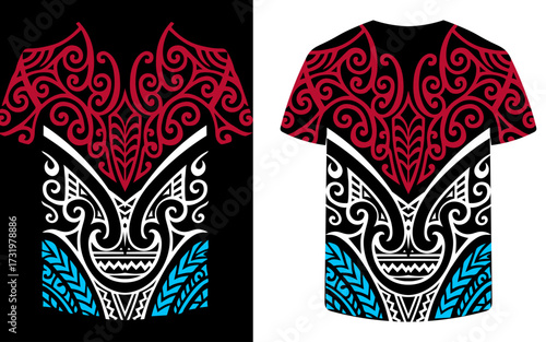 T-Shirt Design Polynesian Tribal Art Motif, Polynesian Tribal Jersey vector template with Floral swirl, Maori Inspired Traditional Tribal Ornamentation, Samoan Tribal Art Jersey Design, Sport t shirt 