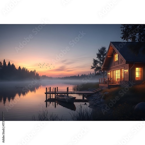 Serene Lakeside Cabin at Sunset.