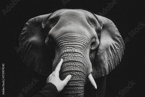 Close-Up Portrait of an Elephant with Human Interaction in Black Background
