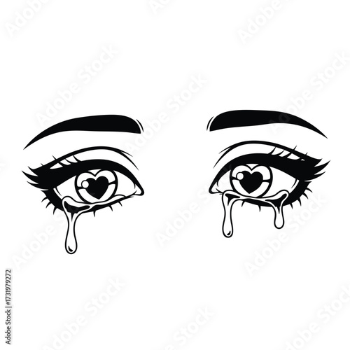 Black and white line art illustration of crying anime eyes with heartshaped pupils.