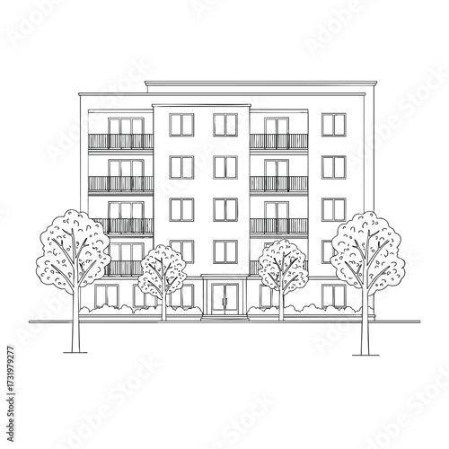 Architectural line art drawing of a modern multistory apartment building with balconies.