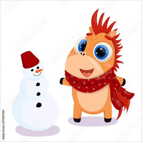 Vector illustration of a horse building a snowman. New Year, Christmas, holiday, 2026, Horse, Chinese New Year, Horoscope, games, entertainment, relaxation, day off, snow, fun, vacation