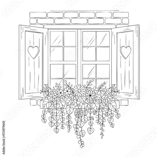 Charming rustic window with open wooden shutters heart cutouts and a lush flower box.