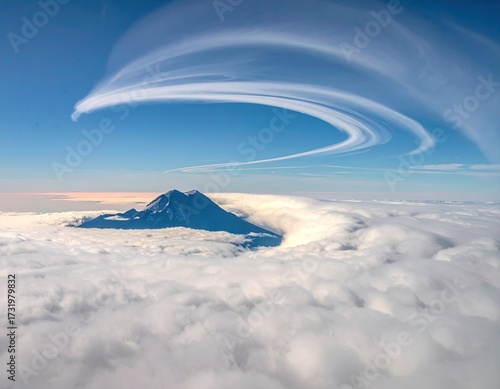 High-altitude view of a volcano piercing through a swirling cloud layer, with ethereal, curved wisps of clouds