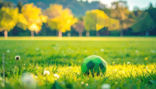 Green soccer ball on vibrant park grass
