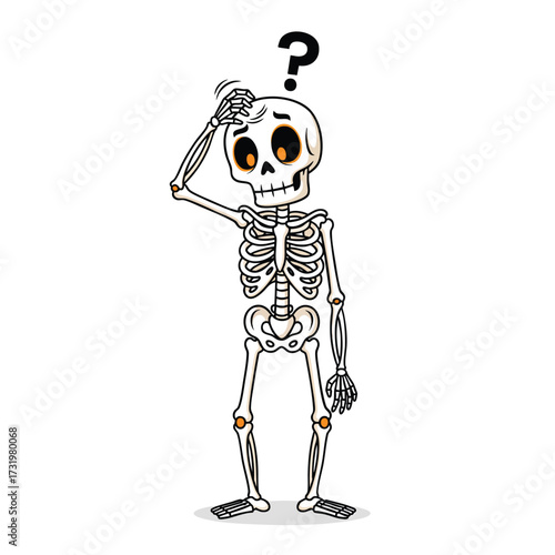 Confused cartoon skeleton scratching its skull with a large question mark overhead.