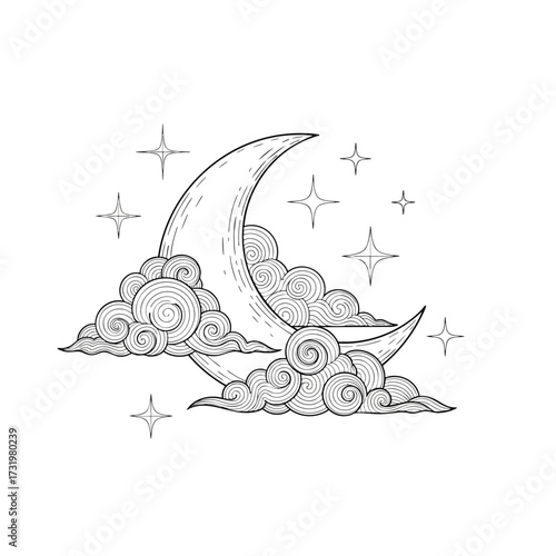 Handdrawn crescent moon nestled in swirling clouds with sparkling stars line art illustration.
