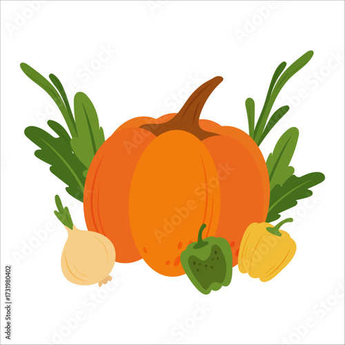 Simple flat vegetables composition. Colorful autumn harvest of pumpkin zucchini eggplant cabbage pepper cucumber potato tomato cabbage corn carrot for healthy and vegetarian food design