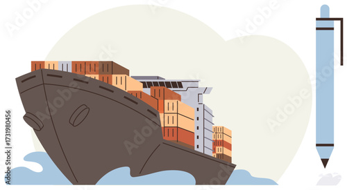 Large cargo ship carrying stacked containers navigates waves with a pen symbolizing trade, global logistics, innovation, trade agreements, transportation, export-import, and creative solutions. Ideal