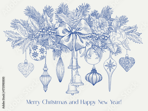Toile Christmas Vintage composition. Illustration with hang toys, bells, bow, balls, fir branches, holly. Vector background for design holiday decor, new year, greeting card. Blue beige Hand drawn