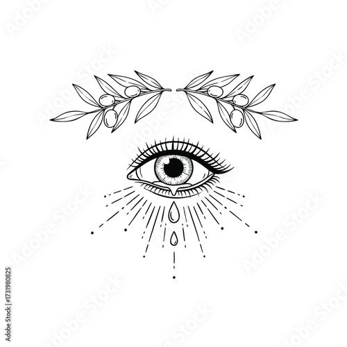 Handdrawn mystical AllSeeing Eye shedding a tear with radiating light and olive branches.