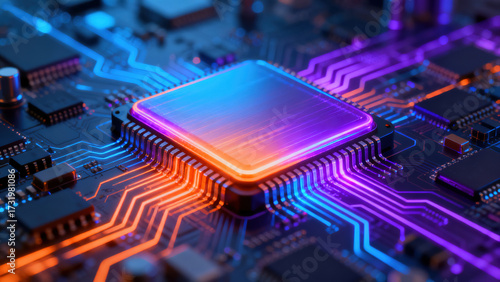 Futuristic Microchip with Orange and Purple Circuitry
