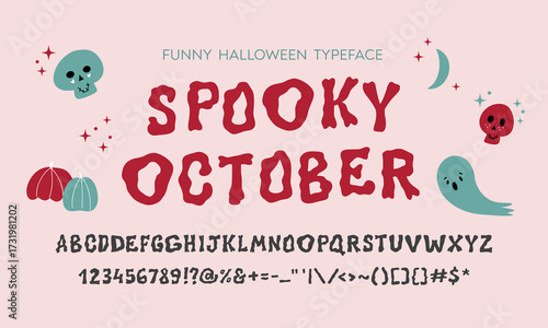 Hand drawn font for Halloween time in coquette core style. Cute playful typeface alphabet in vector format. Capital letters, numbers and punctuation symbols.