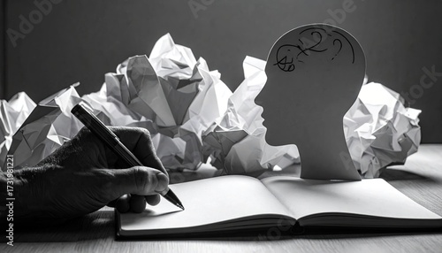 Hand writing in notebook, crumpled paper, and profile head silhouette