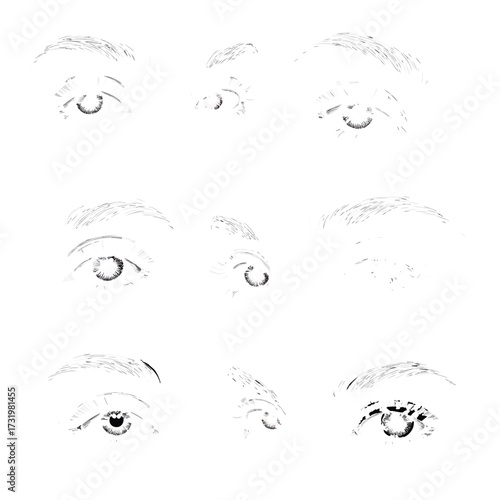 Handdrawn sketch set of human eyes from various angles and perspectives an artistic study.