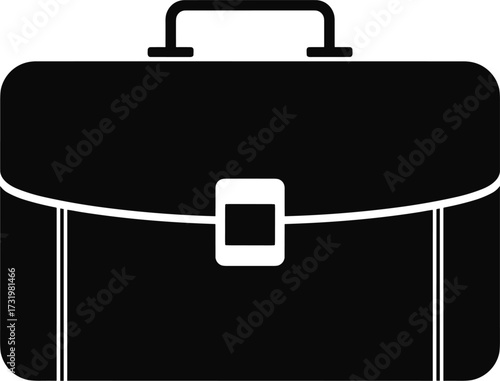 Black briefcase icon with handle and clasp on white background business travel