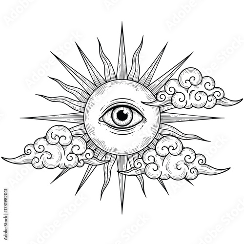 Mystical AllSeeing Eye of Providence in a radiant sun with stylized clouds.