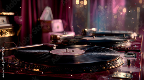 Vintage Vinyl Record Player in Cozy Night Music Studio