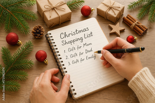 Holiday gift planning with festive decorations and personalized christmas shopping list in cozy setting