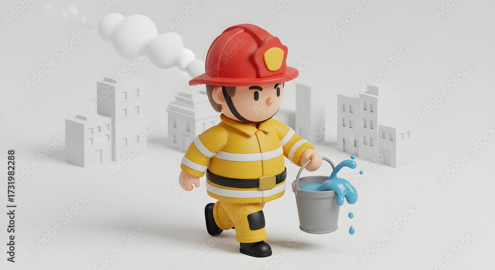 Fototapeta premium brave cartoon fireman responding to emergency with water