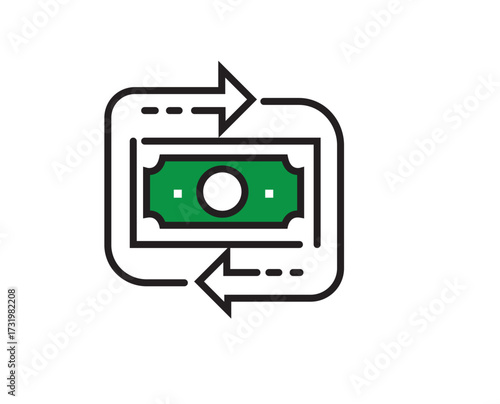 Vector icon of a green dollar bill encircled by two opposing black arrows forming a loop, symbolizing currency exchange and financial transactions; isolated on white background.
