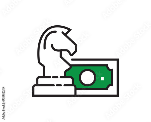 Stylized white knight chess piece with bold black outlines before a green banknote with central emblem; isolated on white background as a vector icon for strategic finance insight