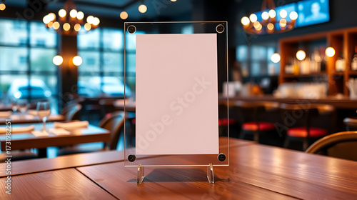 Mock up Label the blank menu frame in Bar restaurant ,Stand for booklets with white sheets paper acrylic tent card on wooden table cafeteria blurred background can inserting the text of the customer.