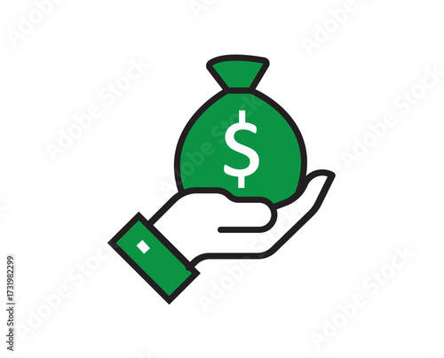 Stylized, flat vector of white hand with green cuff holding a green money bag marked with white dollar sign symbolizing financial gain and investment; isolated on white background.