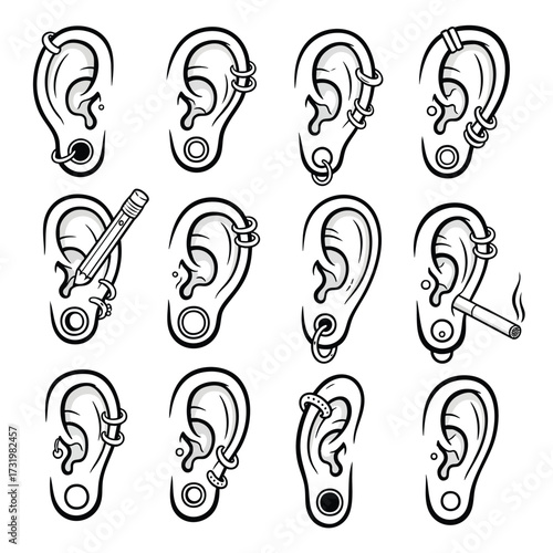 Set of twelve handdrawn human ears with multiple piercings including gauges rings a pencil and a cigarette.