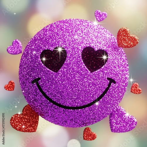 Purple Glitter Smiley Face with Hearts.