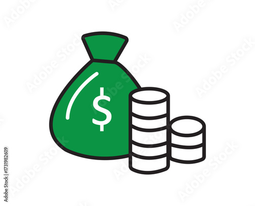 Stylized green money bag with white dollar sign beside a stack of five white coins outlined in black, symbolizing wealth and savings; vector icon isolated on white background.