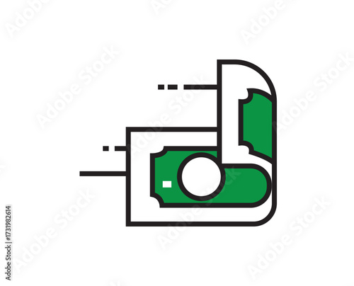Stylized minimal vector illustration of two green dollar bills, one flat and one folded, with black outlines and circular emblems; isolated on white background as a money icon.