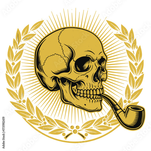 Smoking Skull Pipe Laurel Wreath Sunburst