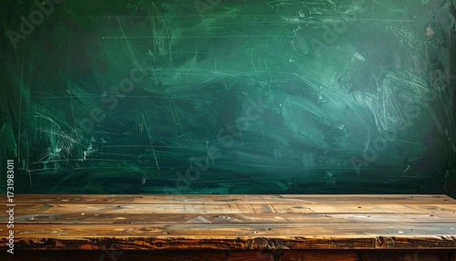 Empty wooden table in front of a dark green chalkboard