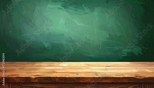 Empty wooden table in front of a green chalkboard
