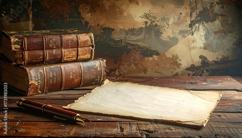 Stack of antique books, blank paper, and pen on wooden table