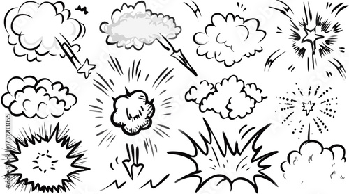 Illustration showing comic style clouds arrows and explosion effects in black and white drawing style