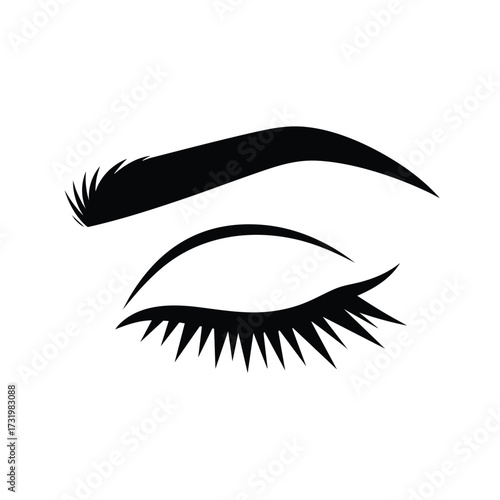 Stylized black silhouette of a closed female eye with a thick arched eyebrow and long eyelashes.