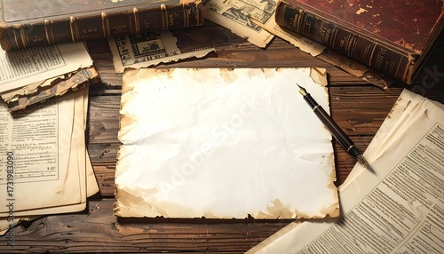 Aged paper, antique books, and pen on a wooden table