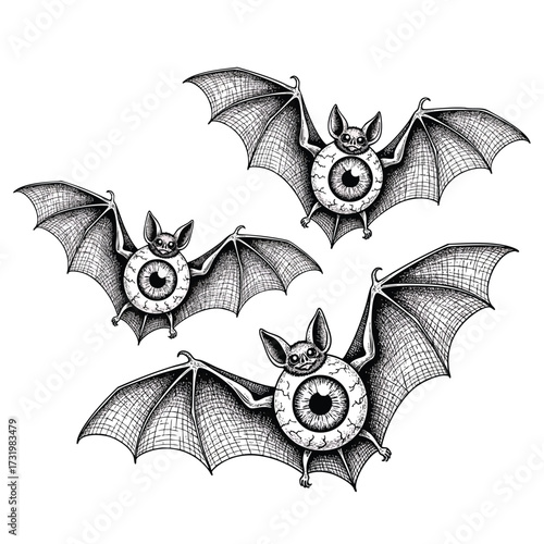 Surreal black and white illustration of three flying bats with large detailed eyeball bodies.