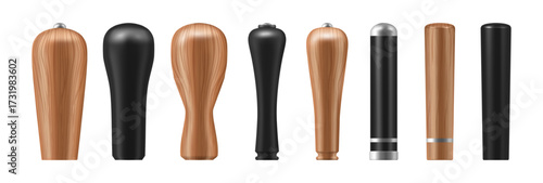 Beer tap handles set. Vector levers in various styles, shapes, and designs to control the flow of draft beer from kegs. Realistic knobs and grips for digital design, bar and pub graphics