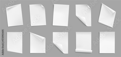 Curly paper page corners, paper sheet turn curls and flips. Vector realistic style, notebook or journal rolled up. Blank and empty note or memo for copy space, document folded or bent shape