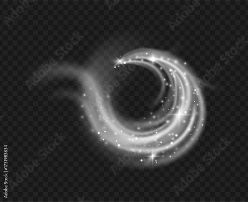 Fabulous winter snowstorm with realistic effect. Vector Christmas snow with glowing particles. Wind swirl with snowflakes and shimmering dust. Windy weather. Wintry holiday atmosphere, decor item