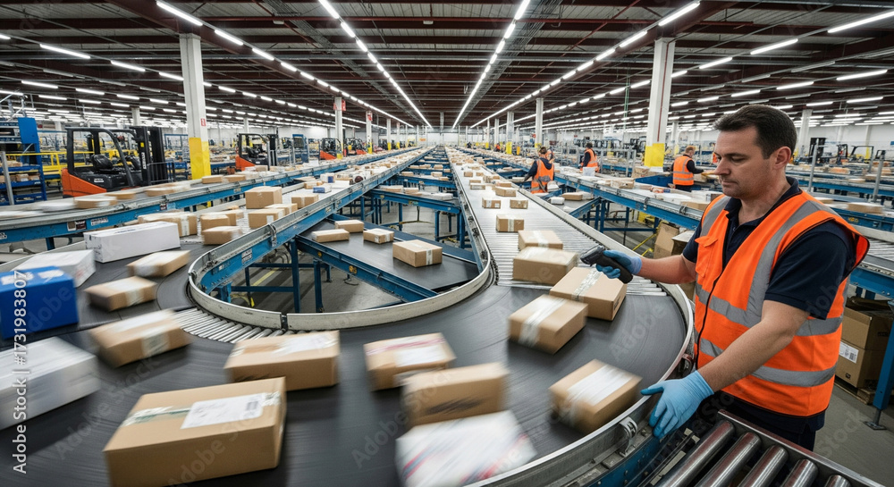 Fototapeta premium Worker in reflective vest redirects parcels along conveyor belt system in distribution center. Concept of large-scale retail e-commerce and logistics service