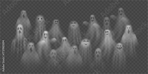 Group of Halloween ghosts, phantom characters with smiling and spooky faces. Vector scary realistic flying poltergeists or spirits. Groovy fear personage. Funny boo in Halloween night