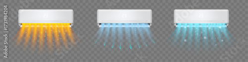 Air conditioner with cold and warm wind waves, refreshing and purifying conditioning effect. Vector electronic modern appliance for controlling temperature and climate in room, winter and summer modes