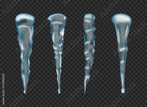 Icicles collection. Vector various form of stalactites, isolated realistic ice spikes set. Winter weather, cold season design elements. Clear water crystals, frozen rainwater in solid form