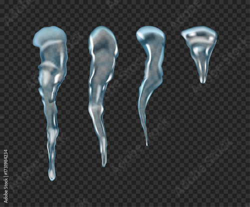 Stalactites collection, isolated realistic cold crystal. Vector seasonal ice ornate ornaments for design, midwinter holidays decoration. Frozen drops of rainwater, various form and size